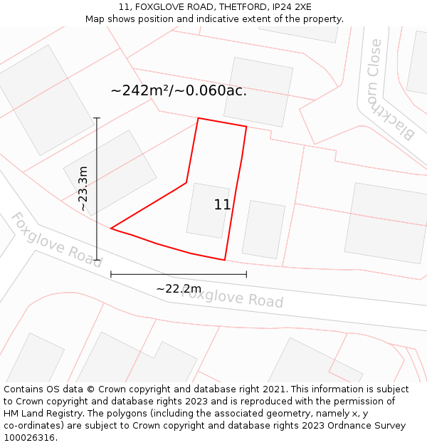 11, FOXGLOVE ROAD, THETFORD, IP24 2XE: Plot and title map