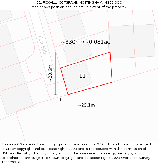 11, FOXHILL, COTGRAVE, NOTTINGHAM, NG12 3QQ: Plot and title map