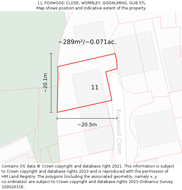 11, FOXWOOD CLOSE, WORMLEY, GODALMING, GU8 5TL: Plot and title map