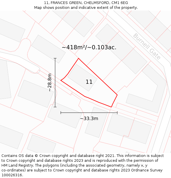 11, FRANCES GREEN, CHELMSFORD, CM1 6EG: Plot and title map