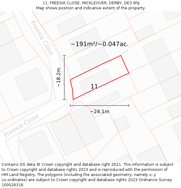 11, FREESIA CLOSE, MICKLEOVER, DERBY, DE3 9NJ: Plot and title map