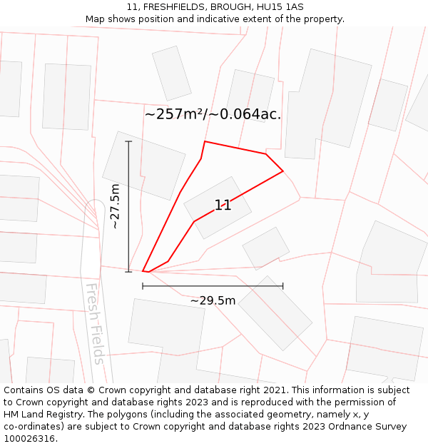 11, FRESHFIELDS, BROUGH, HU15 1AS: Plot and title map