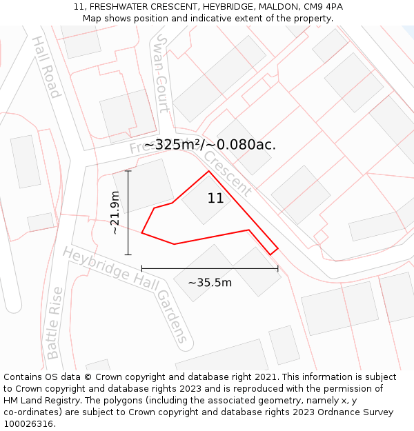 11, FRESHWATER CRESCENT, HEYBRIDGE, MALDON, CM9 4PA: Plot and title map