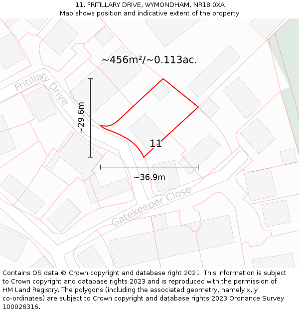 11, FRITILLARY DRIVE, WYMONDHAM, NR18 0XA: Plot and title map