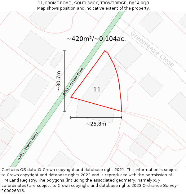 11, FROME ROAD, SOUTHWICK, TROWBRIDGE, BA14 9QB: Plot and title map