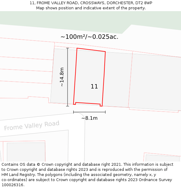11, FROME VALLEY ROAD, CROSSWAYS, DORCHESTER, DT2 8WP: Plot and title map