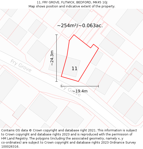 11, FRY GROVE, FLITWICK, BEDFORD, MK45 1GJ: Plot and title map
