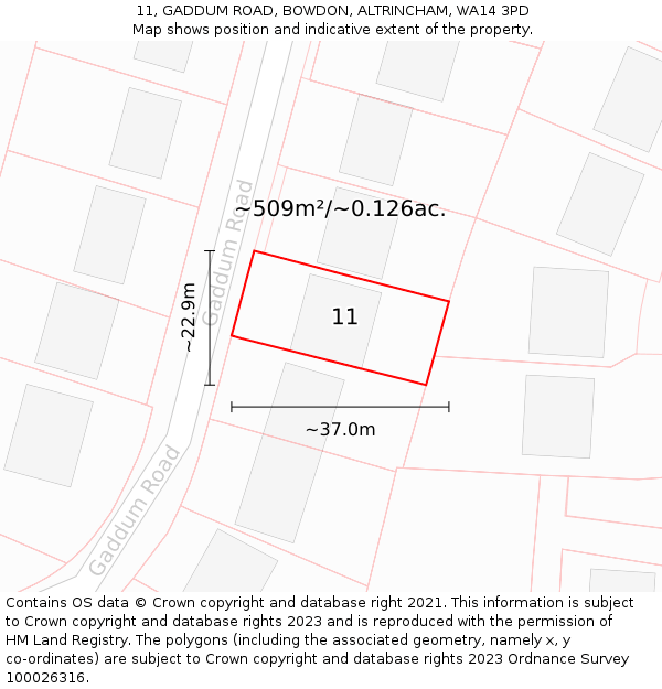 11, GADDUM ROAD, BOWDON, ALTRINCHAM, WA14 3PD: Plot and title map