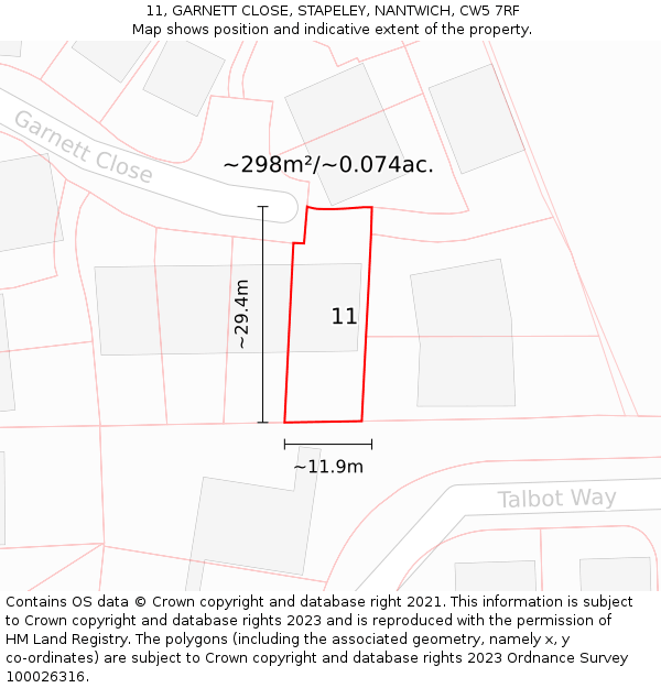 11, GARNETT CLOSE, STAPELEY, NANTWICH, CW5 7RF: Plot and title map