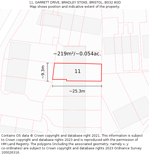 11, GARRETT DRIVE, BRADLEY STOKE, BRISTOL, BS32 8GD: Plot and title map