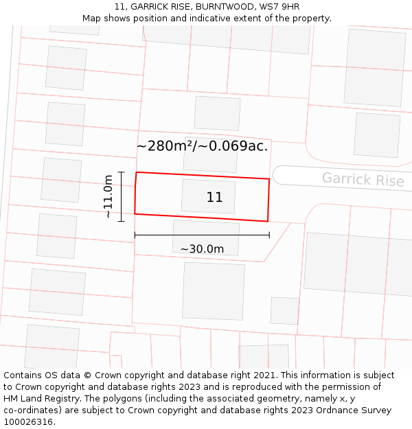 11, GARRICK RISE, BURNTWOOD, WS7 9HR: Plot and title map