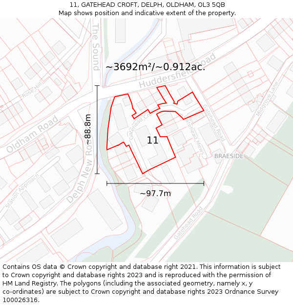 11, GATEHEAD CROFT, DELPH, OLDHAM, OL3 5QB: Plot and title map