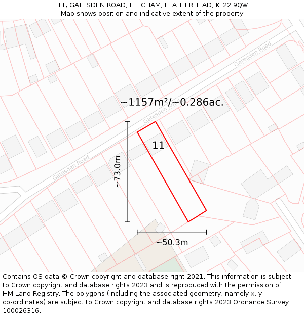 11, GATESDEN ROAD, FETCHAM, LEATHERHEAD, KT22 9QW: Plot and title map