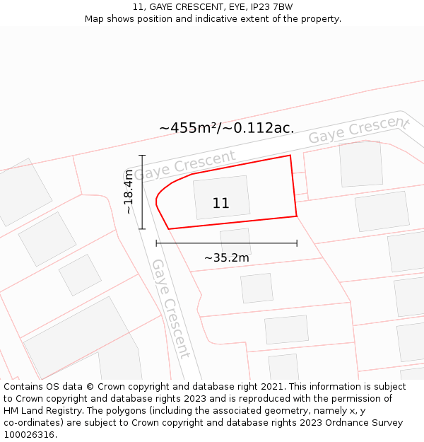 11, GAYE CRESCENT, EYE, IP23 7BW: Plot and title map