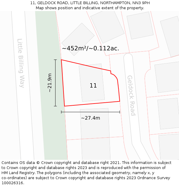 11, GELDOCK ROAD, LITTLE BILLING, NORTHAMPTON, NN3 9PH: Plot and title map
