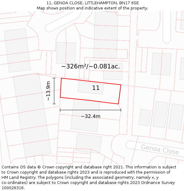 11, GENOA CLOSE, LITTLEHAMPTON, BN17 6SE: Plot and title map