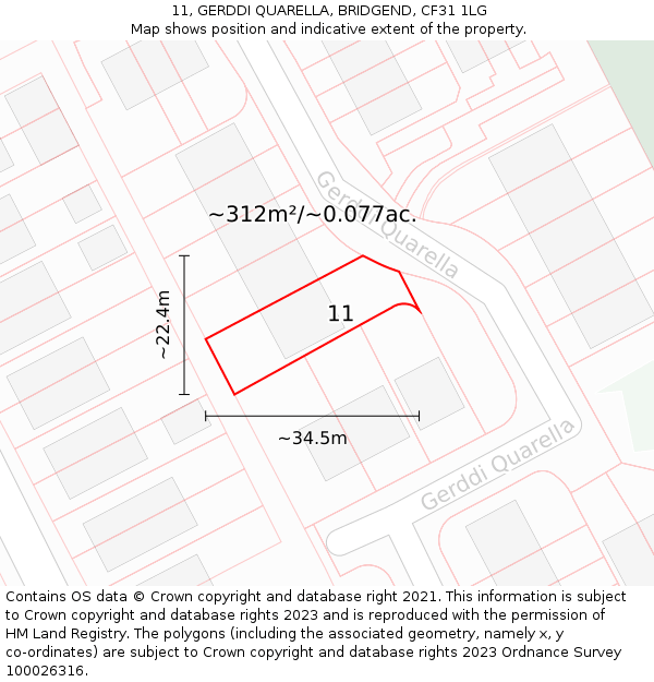 11, GERDDI QUARELLA, BRIDGEND, CF31 1LG: Plot and title map