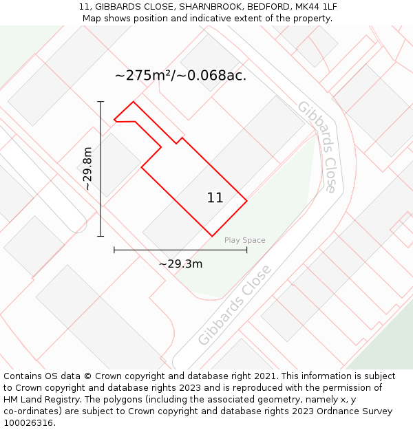 11, GIBBARDS CLOSE, SHARNBROOK, BEDFORD, MK44 1LF: Plot and title map
