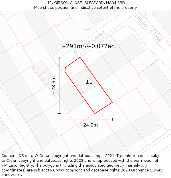 11, GIBSON CLOSE, SLEAFORD, NG34 8BB: Plot and title map