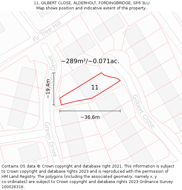 11, GILBERT CLOSE, ALDERHOLT, FORDINGBRIDGE, SP6 3LU: Plot and title map