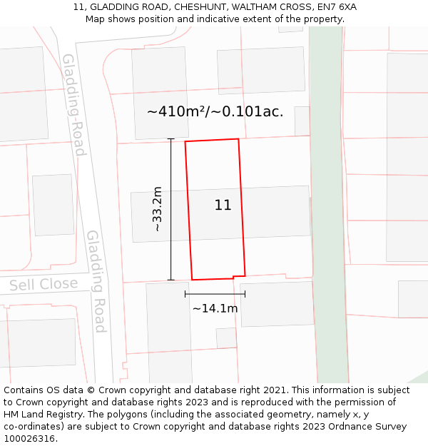 11, GLADDING ROAD, CHESHUNT, WALTHAM CROSS, EN7 6XA: Plot and title map