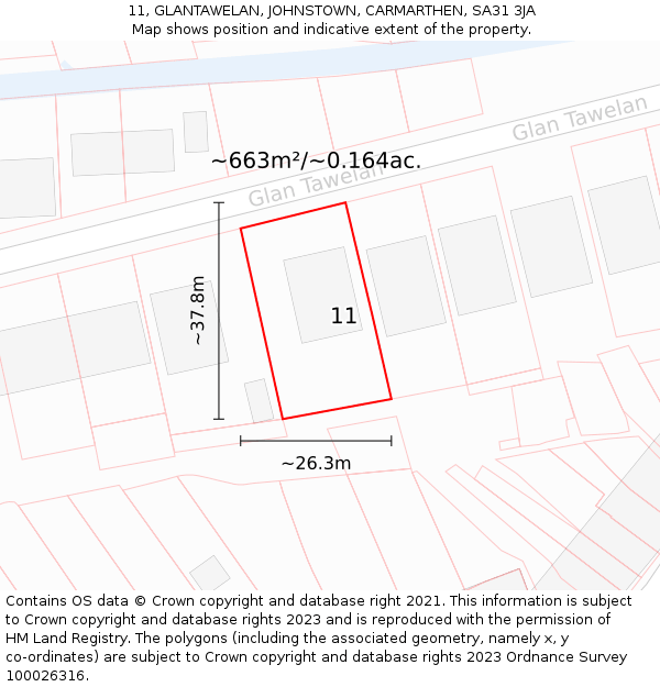 11, GLANTAWELAN, JOHNSTOWN, CARMARTHEN, SA31 3JA: Plot and title map