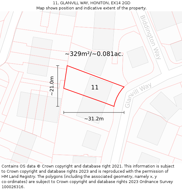 11, GLANVILL WAY, HONITON, EX14 2GD: Plot and title map