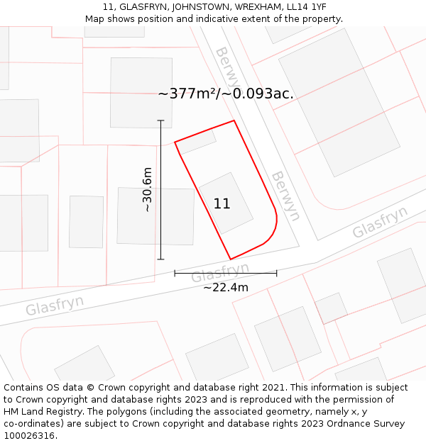 11, GLASFRYN, JOHNSTOWN, WREXHAM, LL14 1YF: Plot and title map