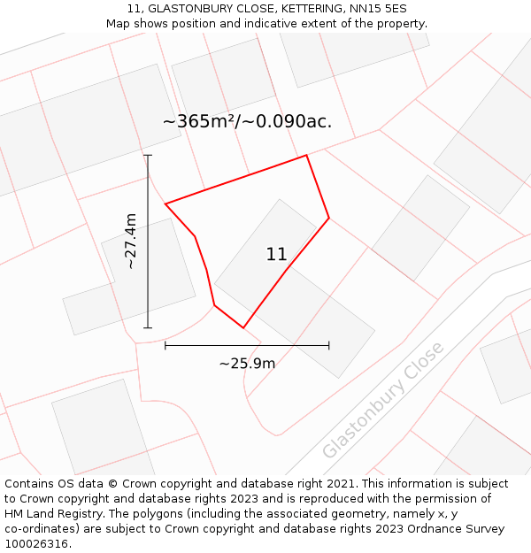 11, GLASTONBURY CLOSE, KETTERING, NN15 5ES: Plot and title map