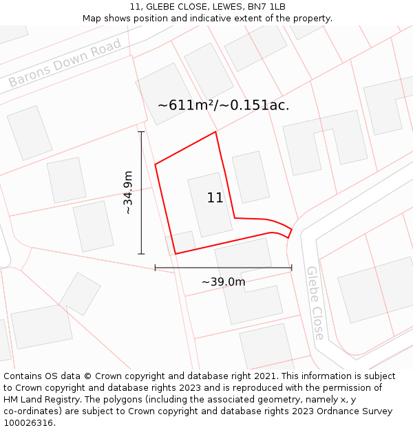 11, GLEBE CLOSE, LEWES, BN7 1LB: Plot and title map