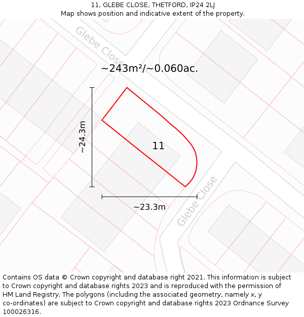 11, GLEBE CLOSE, THETFORD, IP24 2LJ: Plot and title map