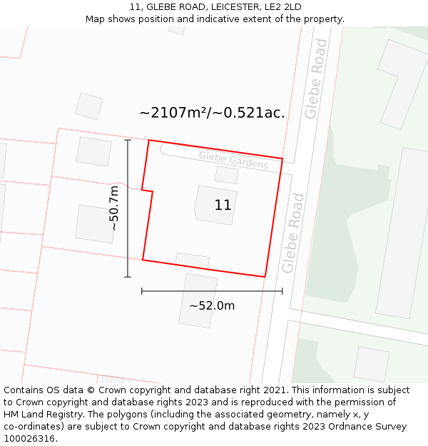 11, GLEBE ROAD, LEICESTER, LE2 2LD: Plot and title map