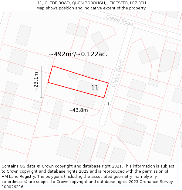 11, GLEBE ROAD, QUENIBOROUGH, LEICESTER, LE7 3FH: Plot and title map