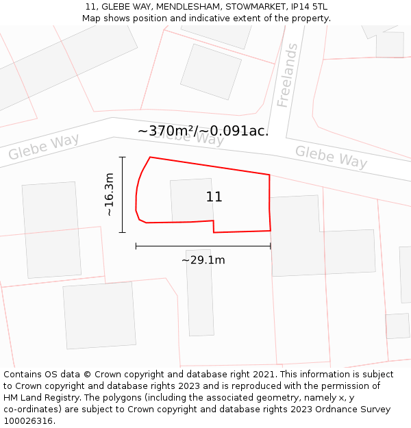 11, GLEBE WAY, MENDLESHAM, STOWMARKET, IP14 5TL: Plot and title map