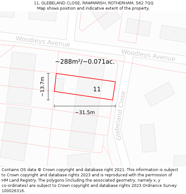 11, GLEBELAND CLOSE, RAWMARSH, ROTHERHAM, S62 7QQ: Plot and title map