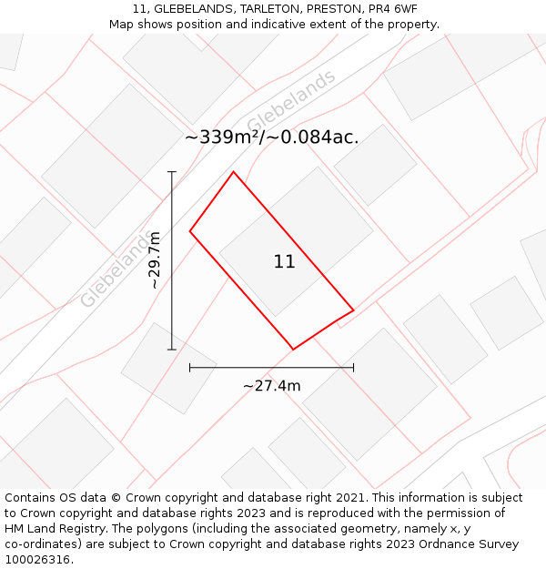 11, GLEBELANDS, TARLETON, PRESTON, PR4 6WF: Plot and title map