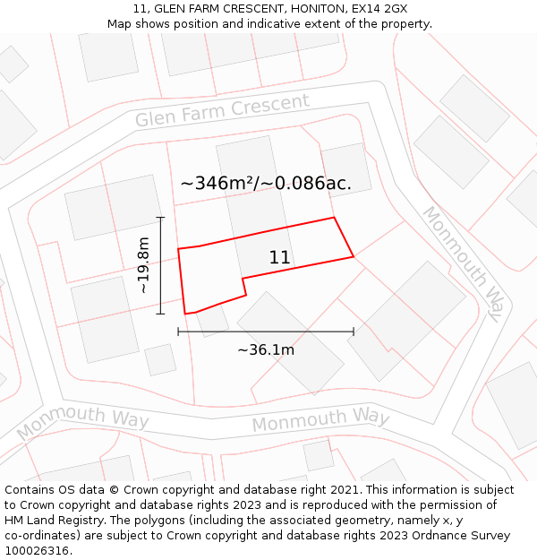 11, GLEN FARM CRESCENT, HONITON, EX14 2GX: Plot and title map