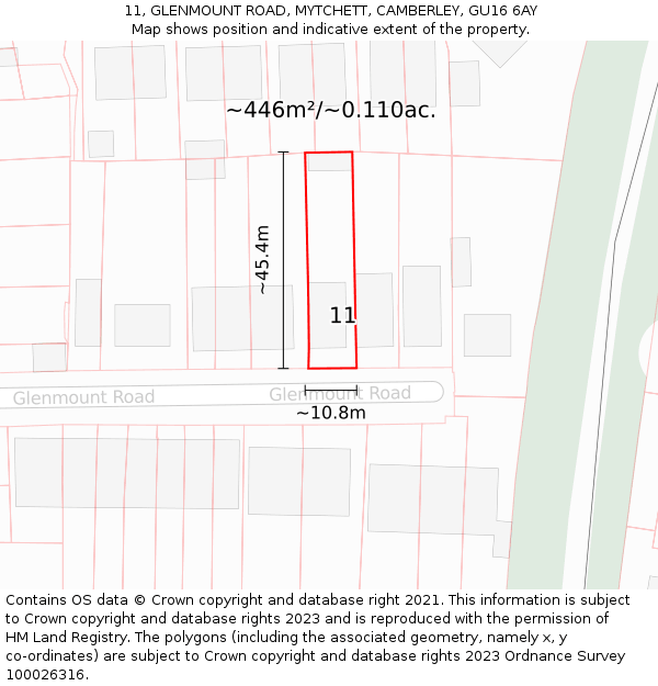 11, GLENMOUNT ROAD, MYTCHETT, CAMBERLEY, GU16 6AY: Plot and title map