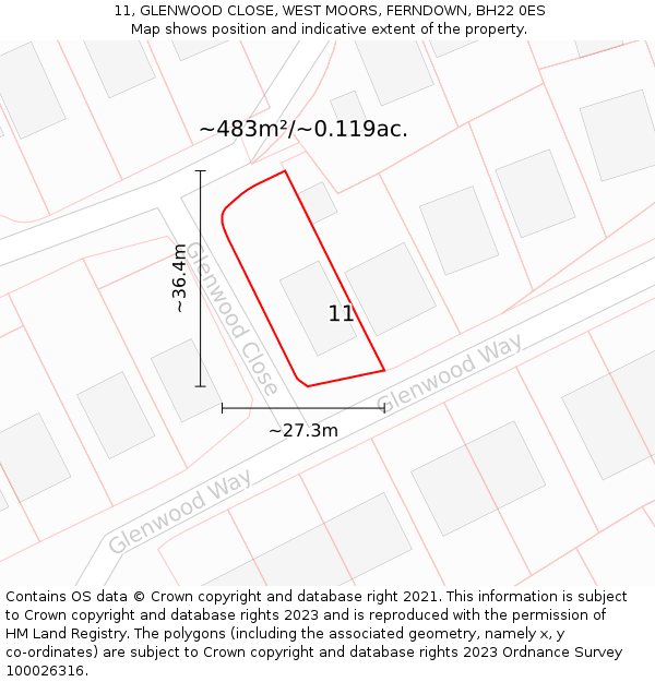 11, GLENWOOD CLOSE, WEST MOORS, FERNDOWN, BH22 0ES: Plot and title map