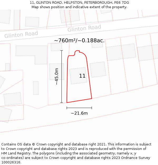 11, GLINTON ROAD, HELPSTON, PETERBOROUGH, PE6 7DG: Plot and title map