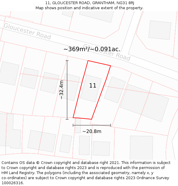 11, GLOUCESTER ROAD, GRANTHAM, NG31 8RJ: Plot and title map