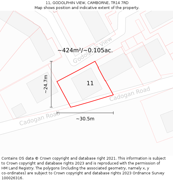 11, GODOLPHIN VIEW, CAMBORNE, TR14 7RD: Plot and title map