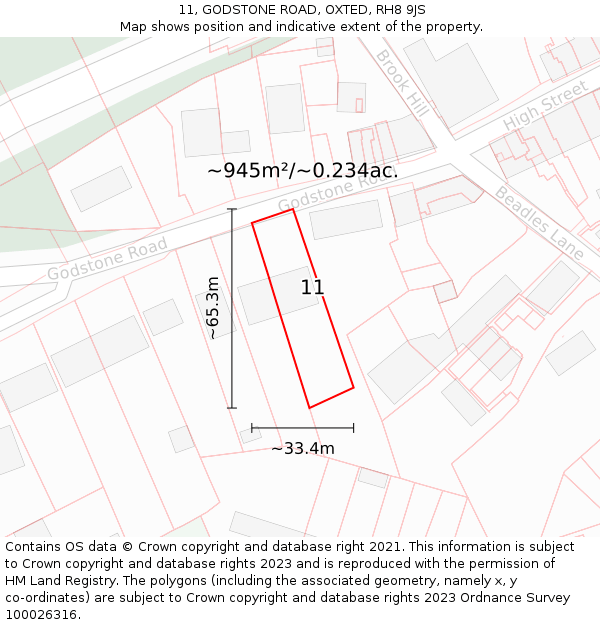 11, GODSTONE ROAD, OXTED, RH8 9JS: Plot and title map