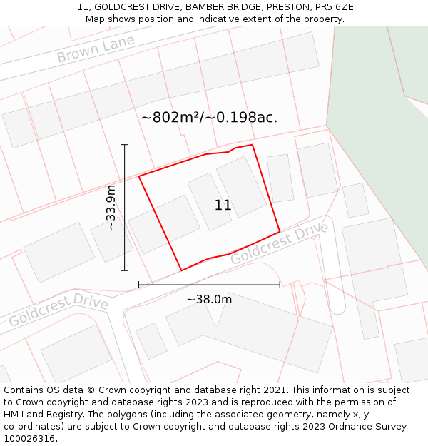11, GOLDCREST DRIVE, BAMBER BRIDGE, PRESTON, PR5 6ZE: Plot and title map