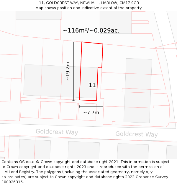 11, GOLDCREST WAY, NEWHALL, HARLOW, CM17 9GR: Plot and title map