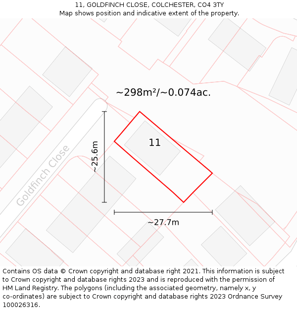 11, GOLDFINCH CLOSE, COLCHESTER, CO4 3TY: Plot and title map