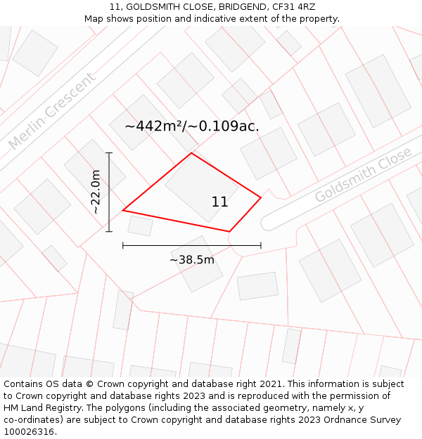 11, GOLDSMITH CLOSE, BRIDGEND, CF31 4RZ: Plot and title map