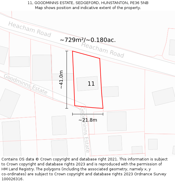 11, GOODMINNS ESTATE, SEDGEFORD, HUNSTANTON, PE36 5NB: Plot and title map