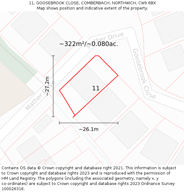 11, GOOSEBROOK CLOSE, COMBERBACH, NORTHWICH, CW9 6BX: Plot and title map
