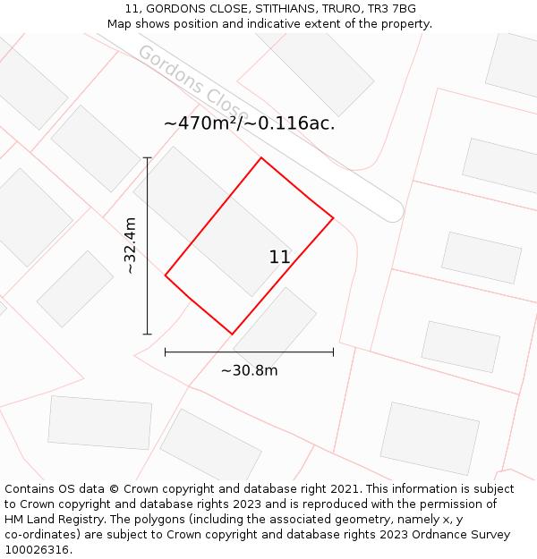11, GORDONS CLOSE, STITHIANS, TRURO, TR3 7BG: Plot and title map